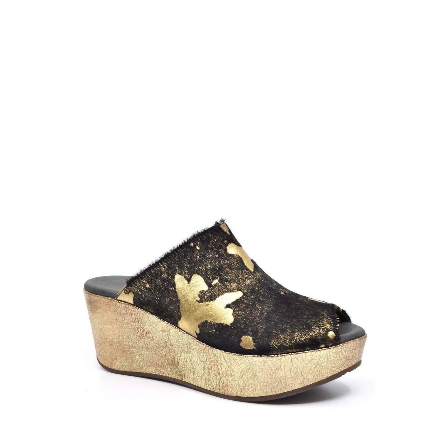 New Chocolat Blu Yiona Wedge Sandals In Black Gold Calf Hair